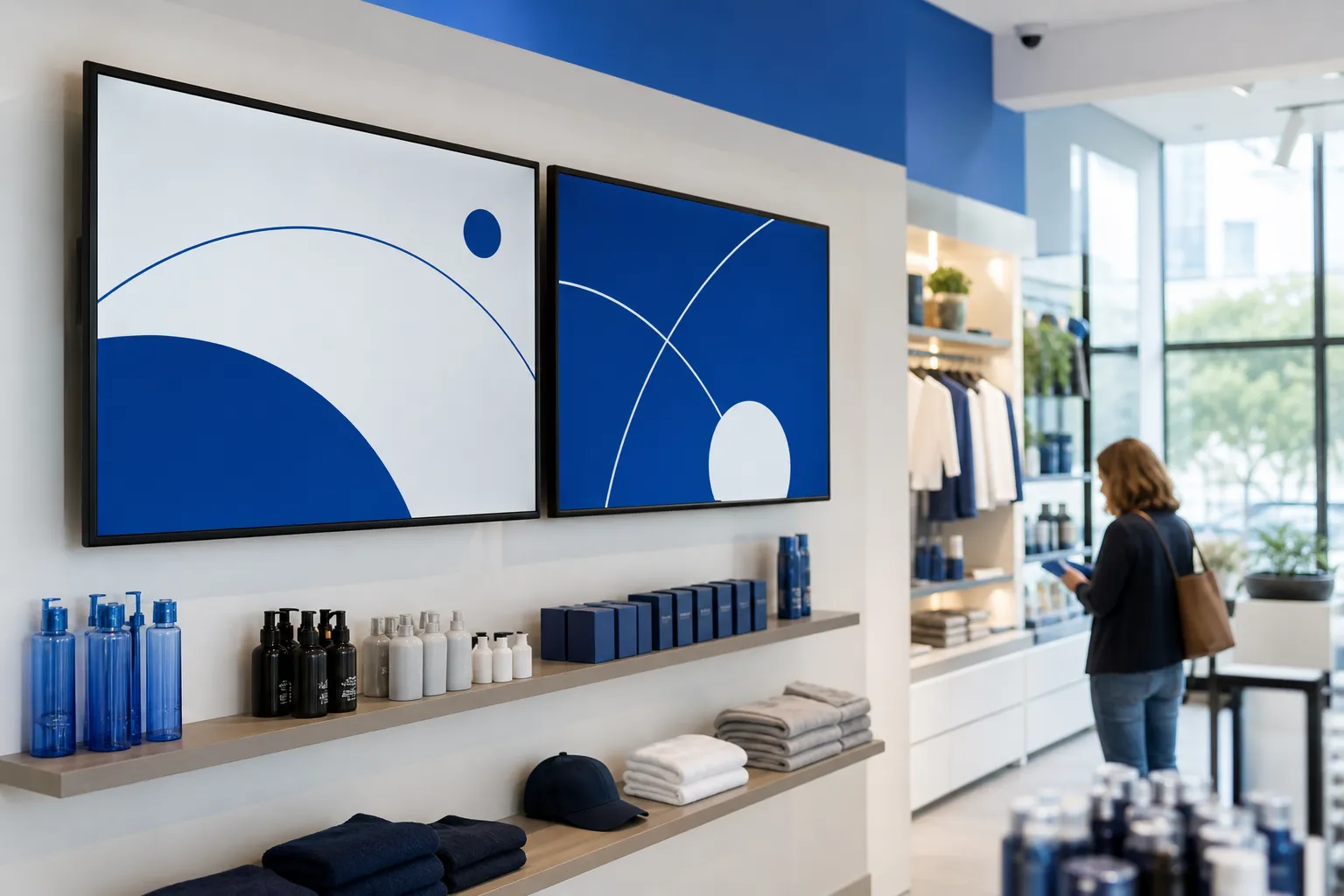 Digital signage screens displaying promotions inside a modern, brightly lit retail store