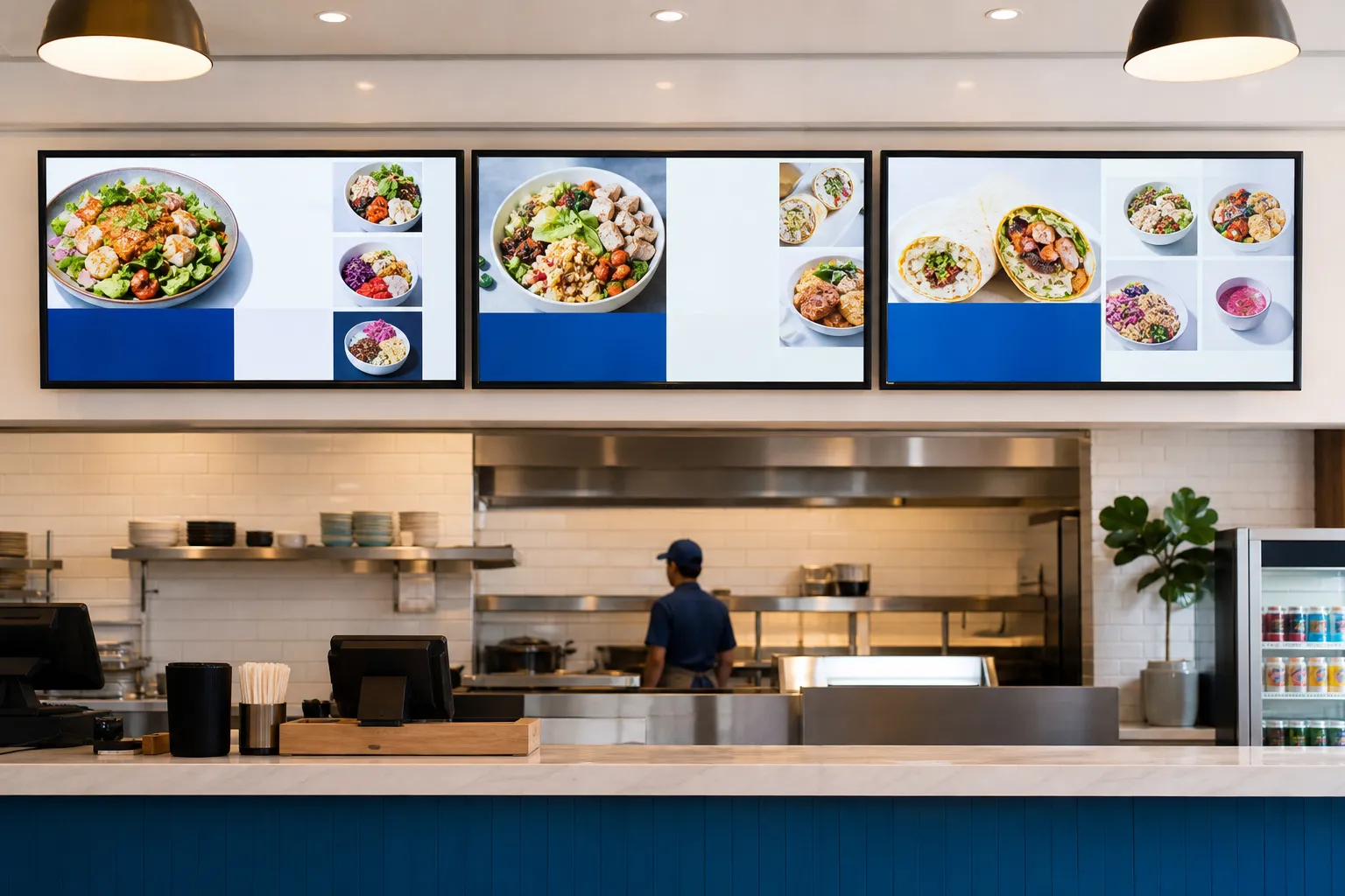 Three digital menu boards above the ordering counter of a modern restaurant