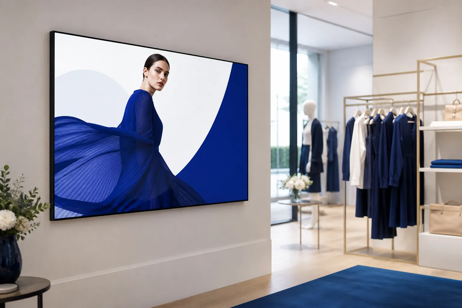 Wall-mounted digital signage screen next to clothing rails in a modern retail showroom